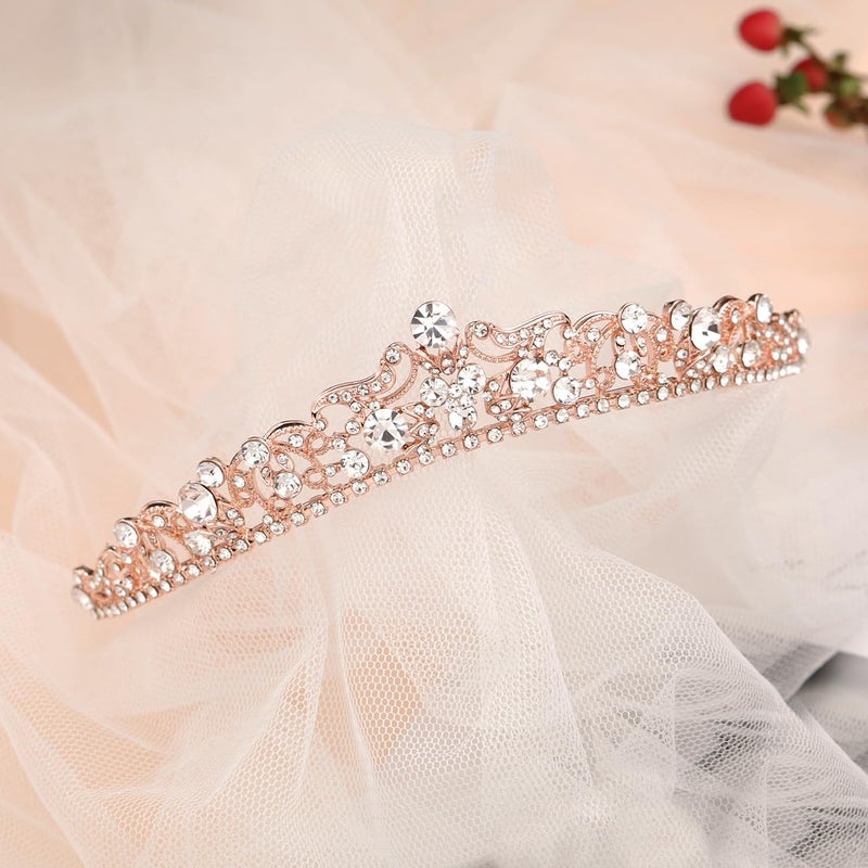 SWEETV Rose Gold Wedding Tiaras and Crowns, Rhinestone Bridal Crown Princess Tiara Headpieces for Women and Flower Girls, Bridgerton Hair Accessories for Birthday Prom Quinceanera - Image 4